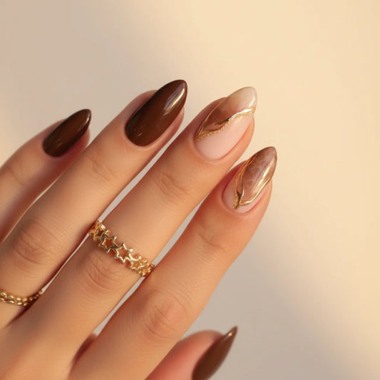 Deep Chocolate Marble with Gold Foil — Chocolate Brown Nails