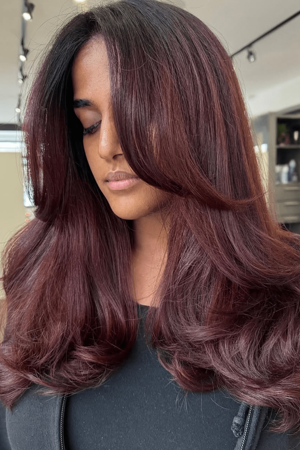 Deep Burgundy With Curtain Bangs Deep Burgundy With Curtain Bangs β Winter Hair Colors for Olive Skin