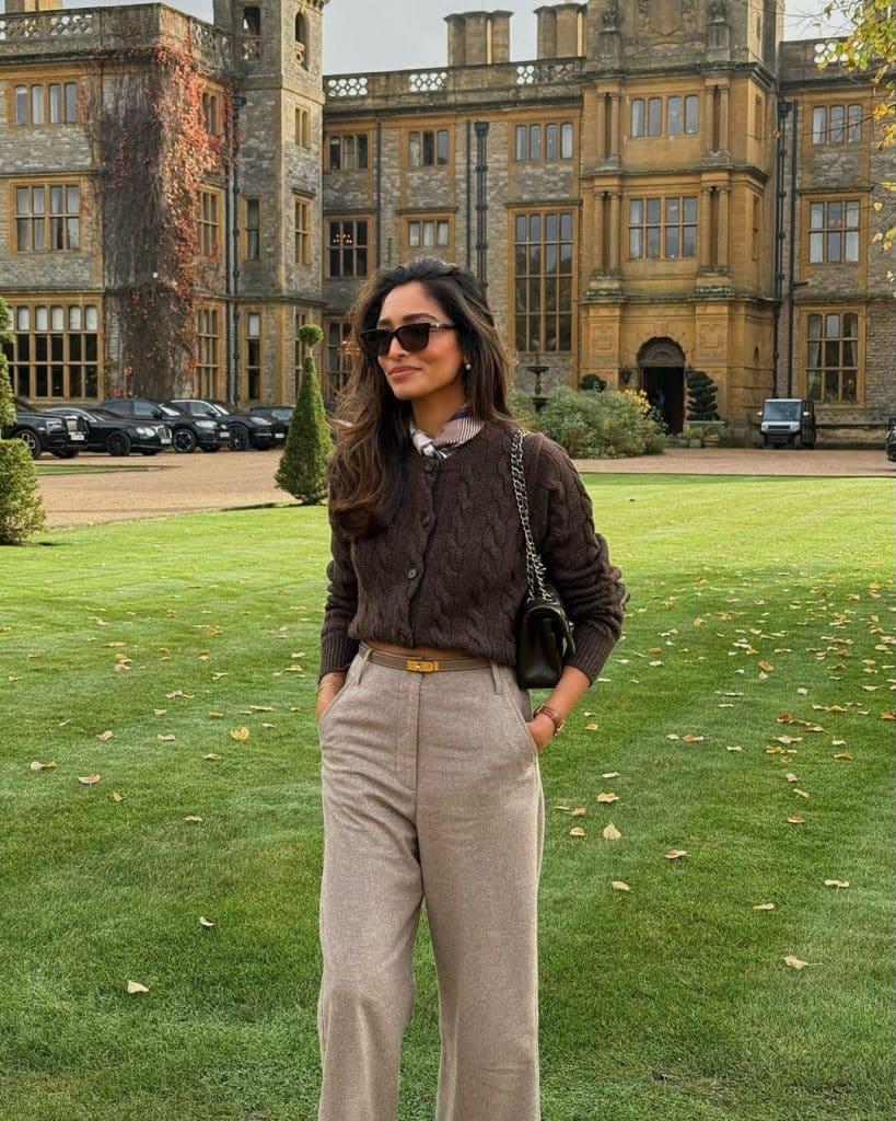 Cozy Cable-Knit Cardigan Paired with Wide-Leg Trousers — Old Money Winter Outfits