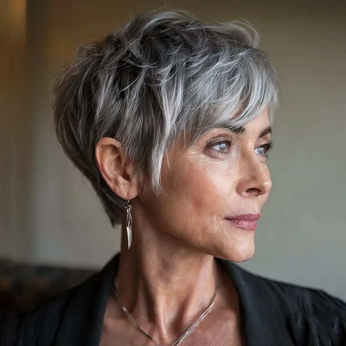 Silver Pixie With Textured Side Swept Bangs — Winter Hairstyles for Thick Hair