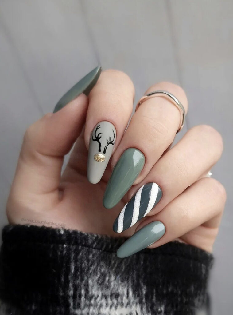 Sage Green Deer Silhouette Coffin Nails — Winter Acrylic Nails