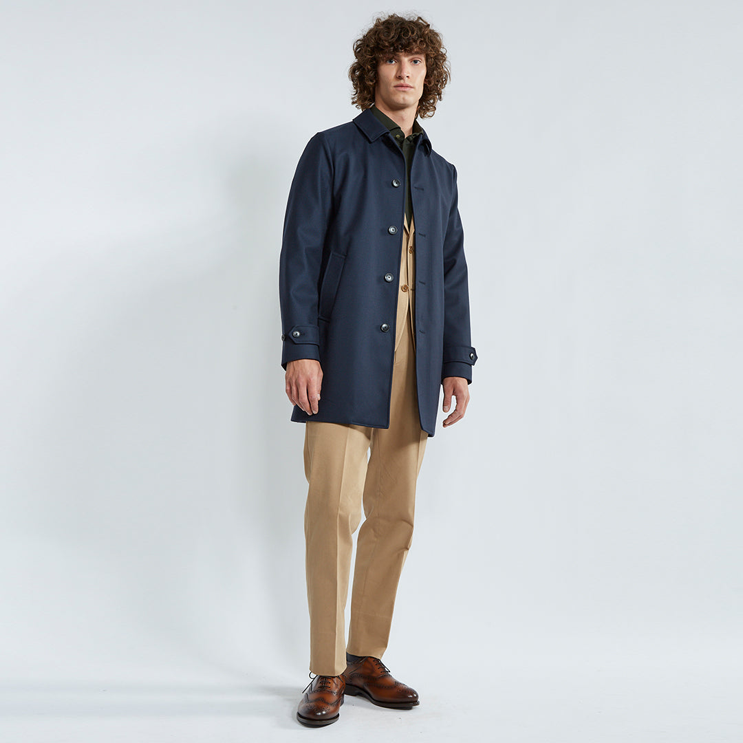 Navy Car Coat with Waistcoat and Oxford Shoes — Car Coat Outfits