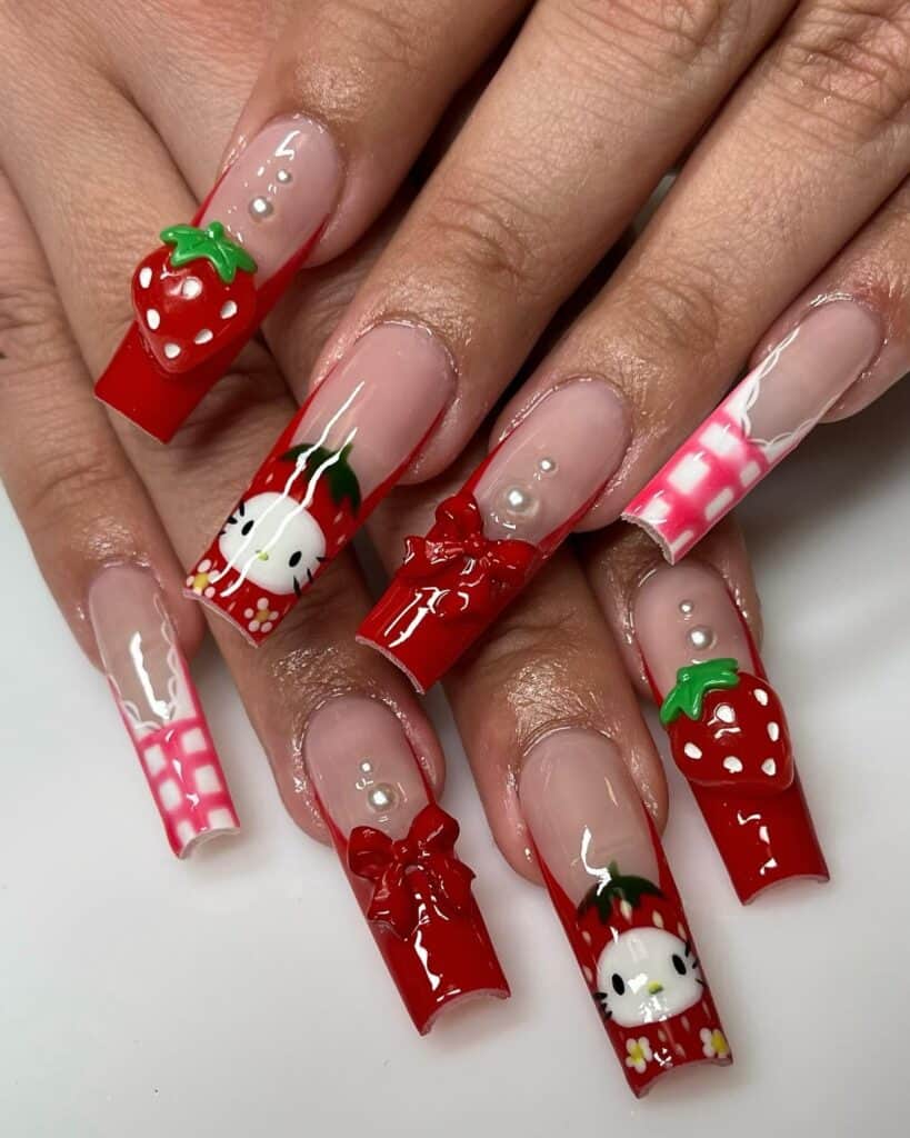 Long Square Red Tip Hello Kitty Charms Long Square Red Tip Hello Kitty Charms β Hello Kitty Christmas Nails 2026