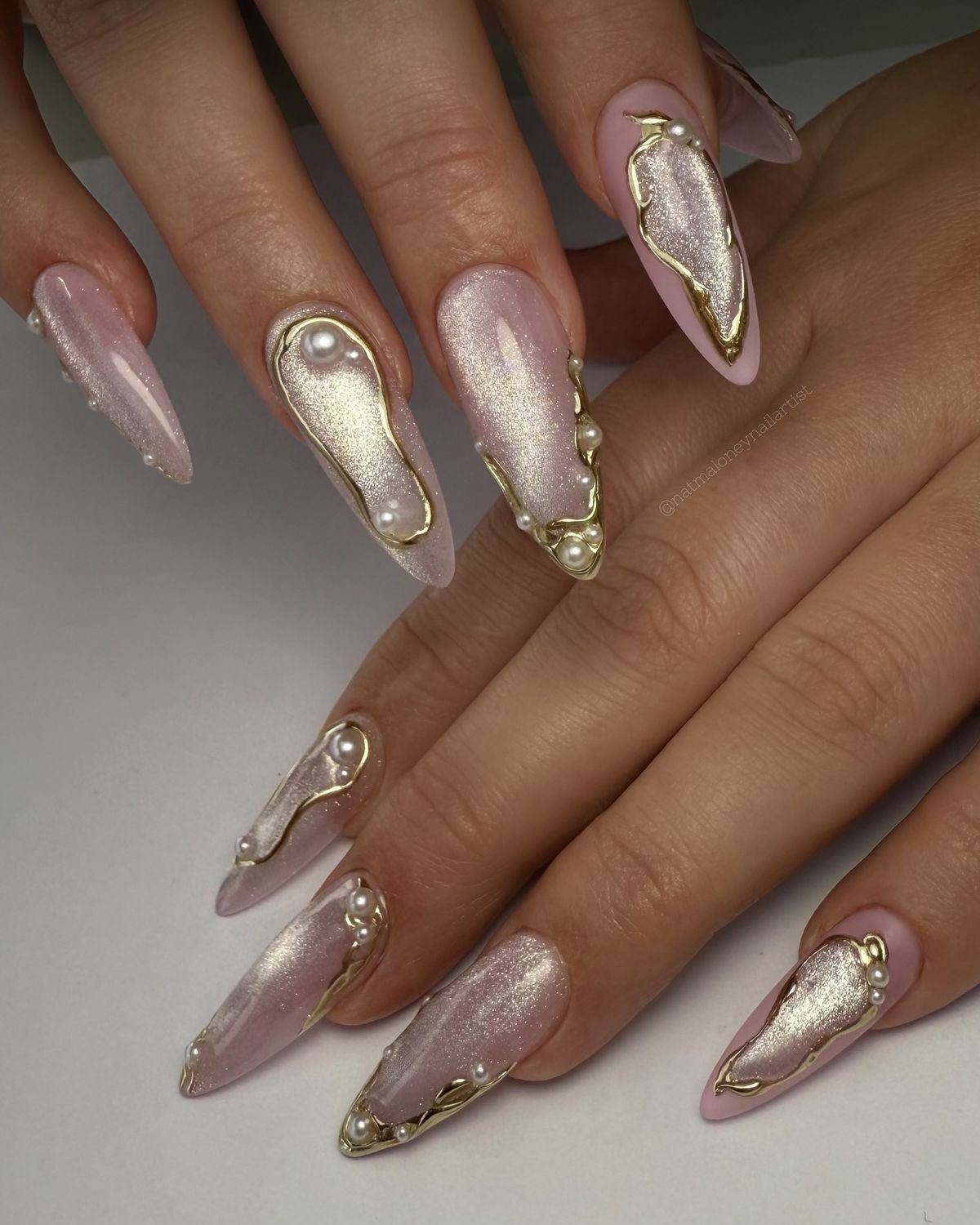 Pale Pink Stiletto with 3D Gold and Pearls Pale Pink Stiletto with 3D Gold and Pearls β New Years Acrylic Nails 2027