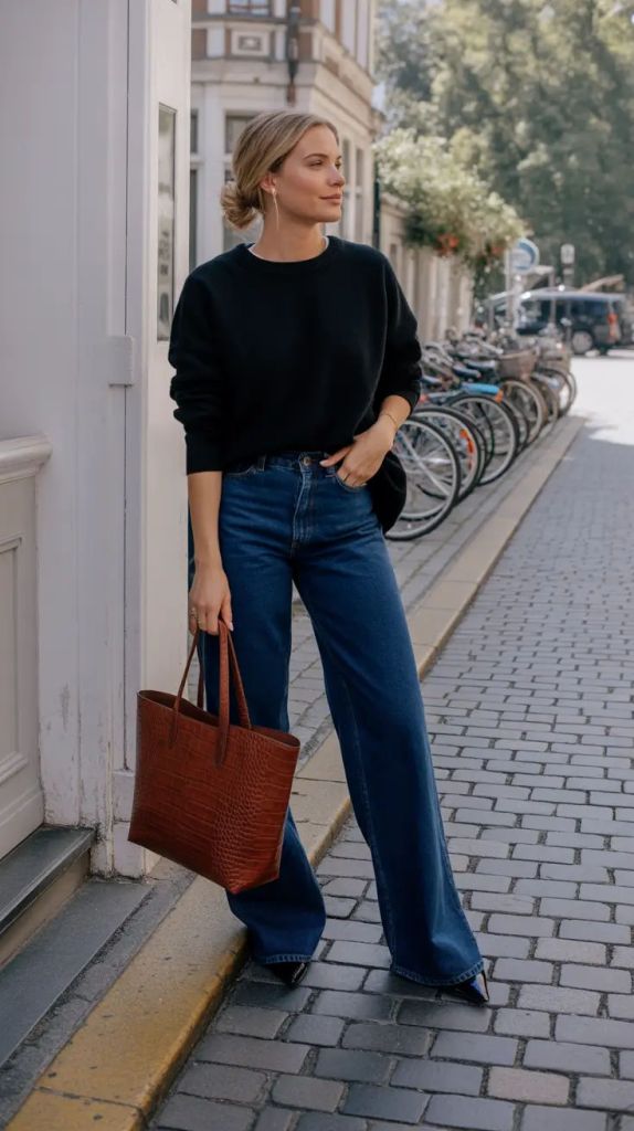 Black Oversized Crewneck Sweater With Wide-Leg Jeans Black Oversized Crewneck Sweater With Wide-Leg Jeans β Sweater Outfits