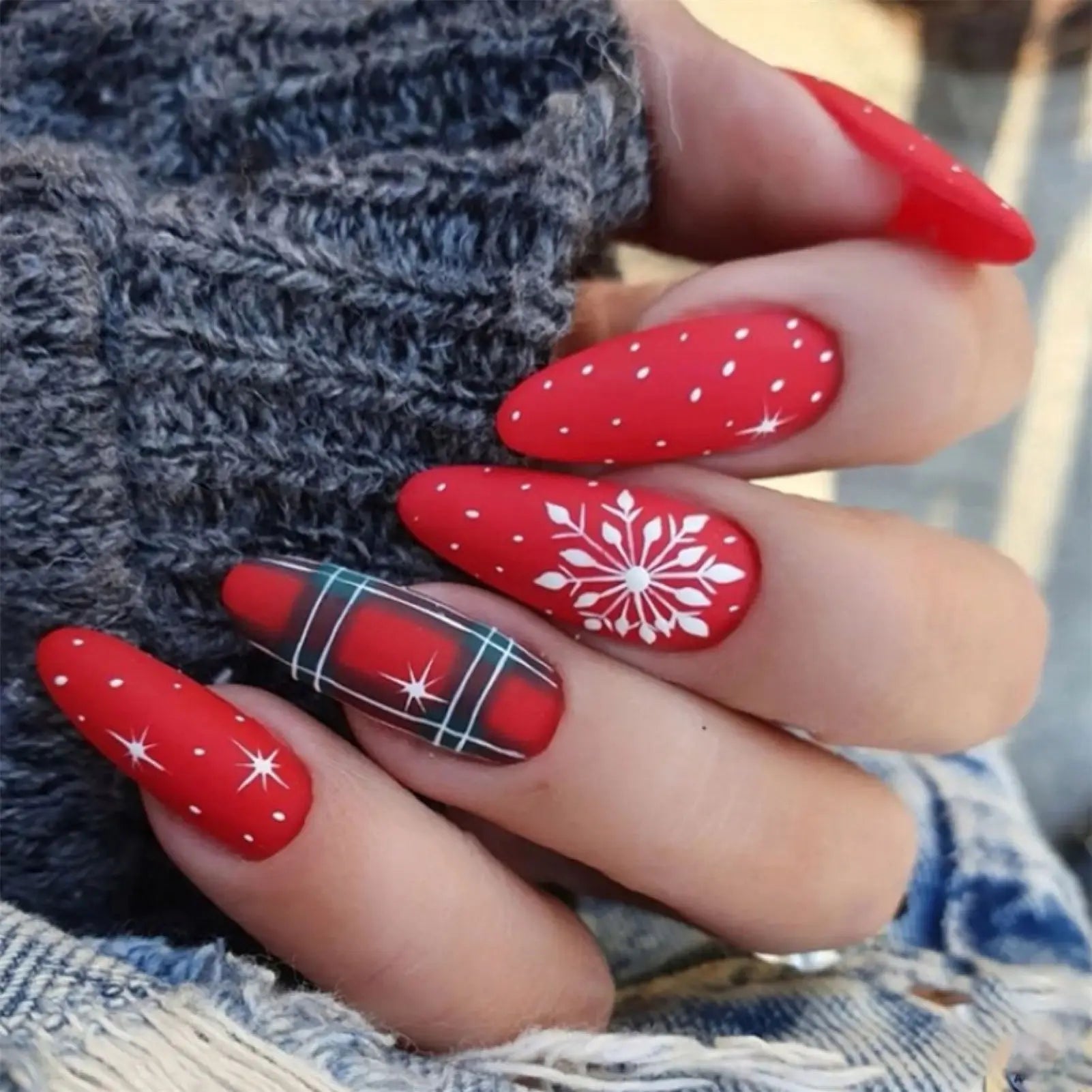 Long Coffin Matte Red with Plaid and Snowflakes — Red Christmas Nails 2026