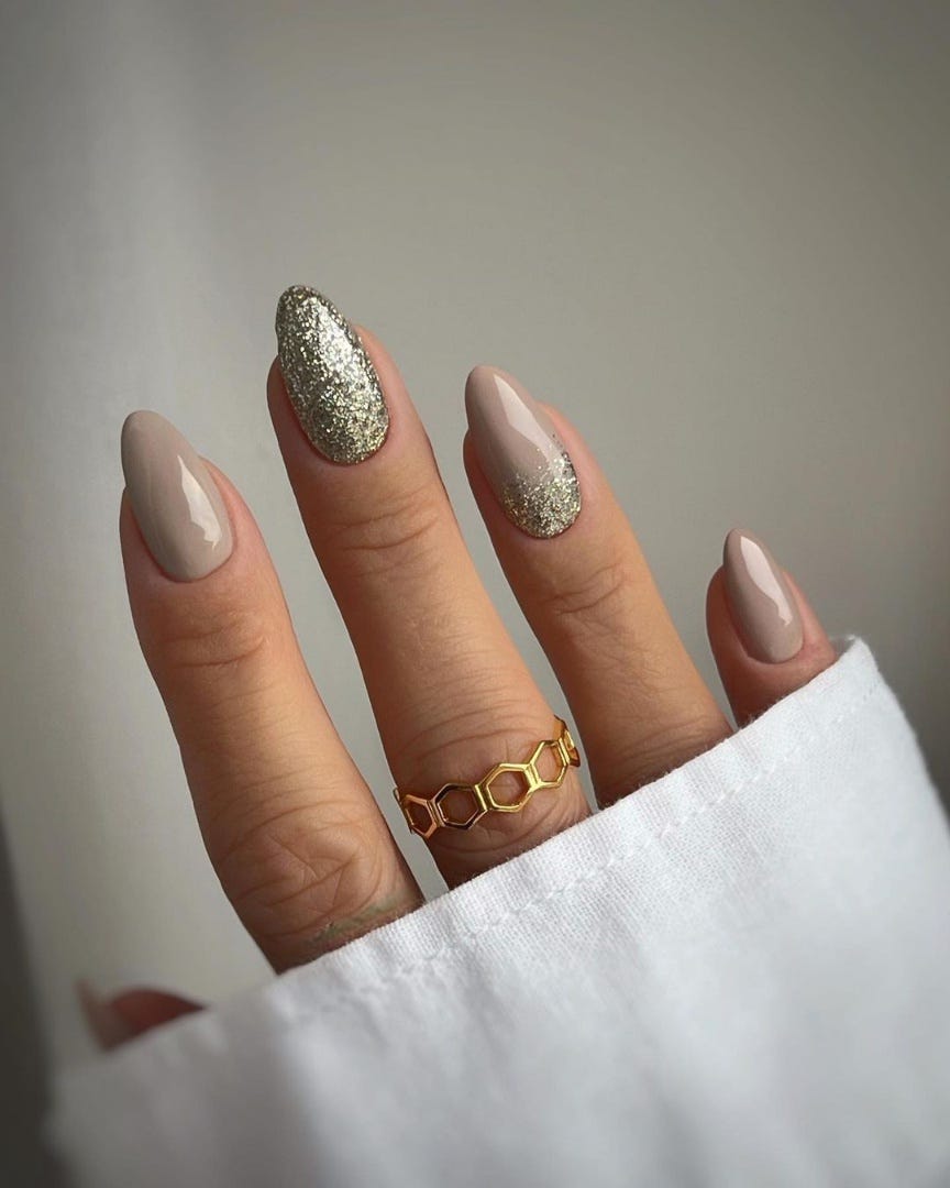 Glitter Accent On Two Nails Visual Idea — Medium Length Winter Nails