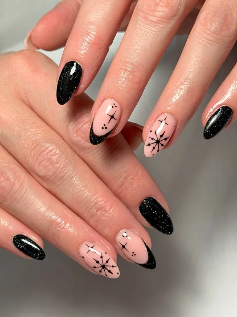 Black French Tips with Delicate Snowflakes — Winter Black Nails