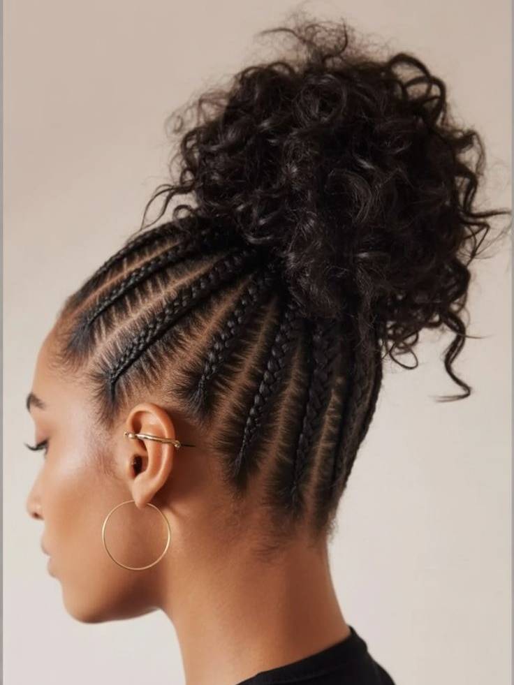 Natural Black Cornrows to High Curly Bun — Winter Braid Colors for Black Women