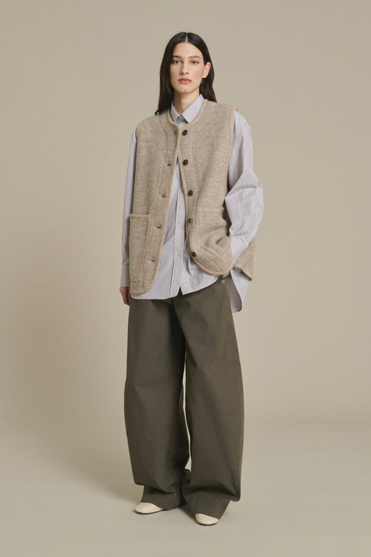 Casual Ensemble: Striped Shirt, Knit Vest, and Wide-Leg Trousers — Chicago Winter Outfits