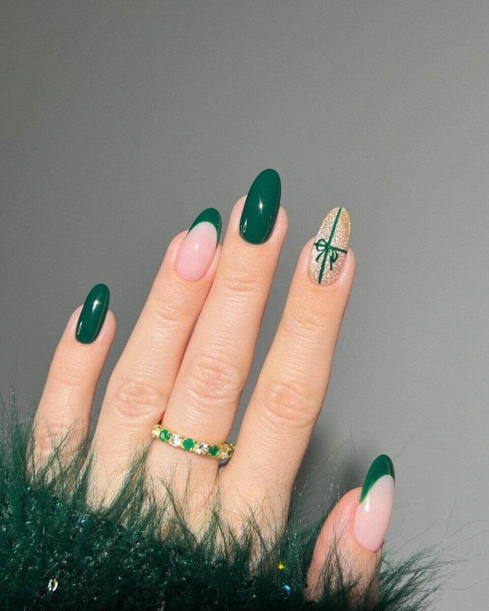 Medium Oval Green French with Gold Glitter Bow — Green Christmas Nails 2026