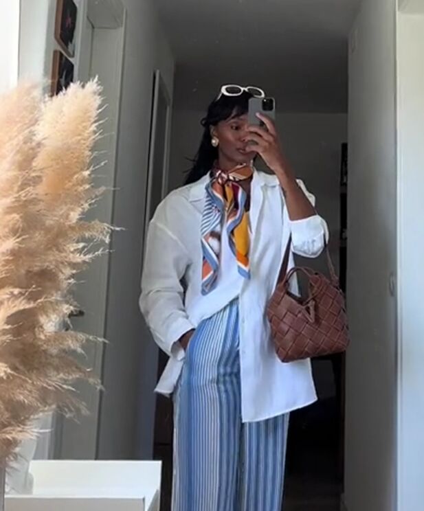 Colorful Scarf with Oversized Shirt and Striped Pants — Scarf Outfits