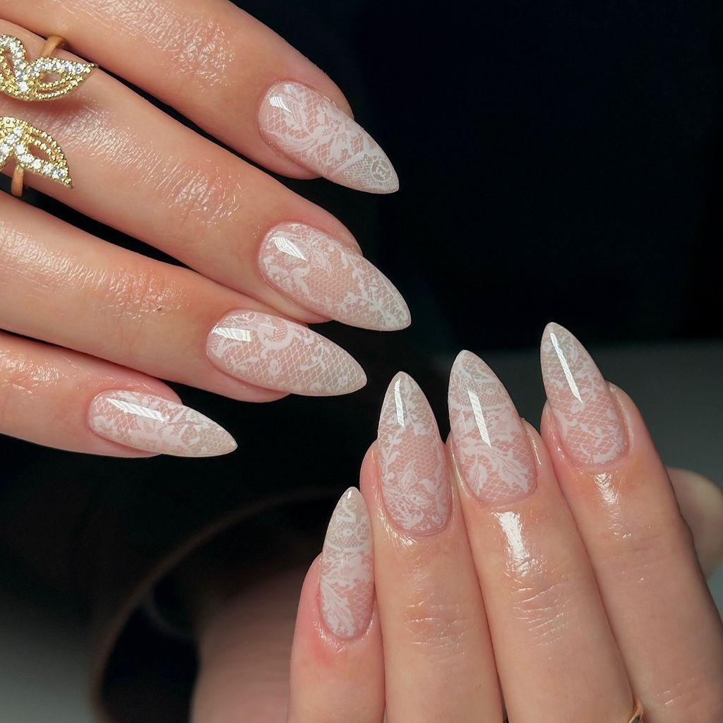 Sheer Pink Lace Pattern Long Stiletto Sheer Pink Lace Pattern Long Stiletto β Winter Wedding Nails