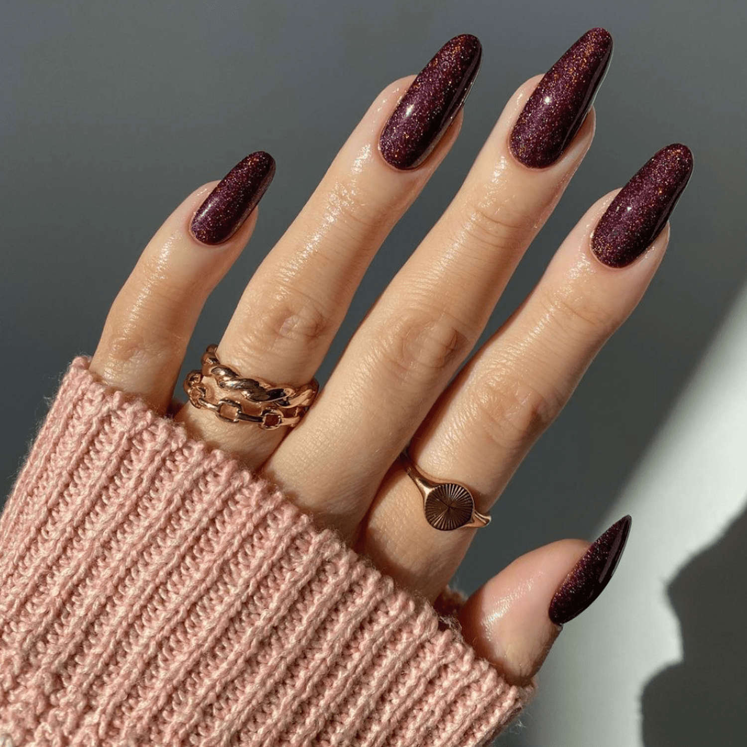 Long Almond Dark Burgundy Glitter Nails Long Almond Dark Burgundy Glitter Nails β Burgundy Nails