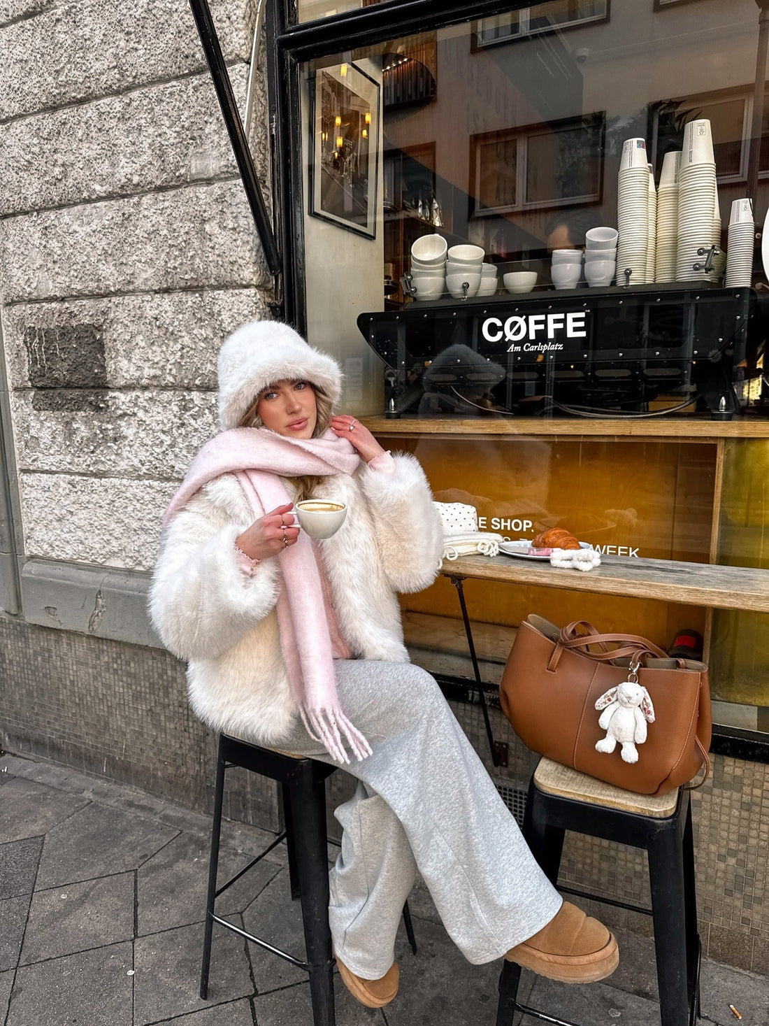 White Fluffy Coat with Grey Sweatpants — Minimalist Winter Outfits