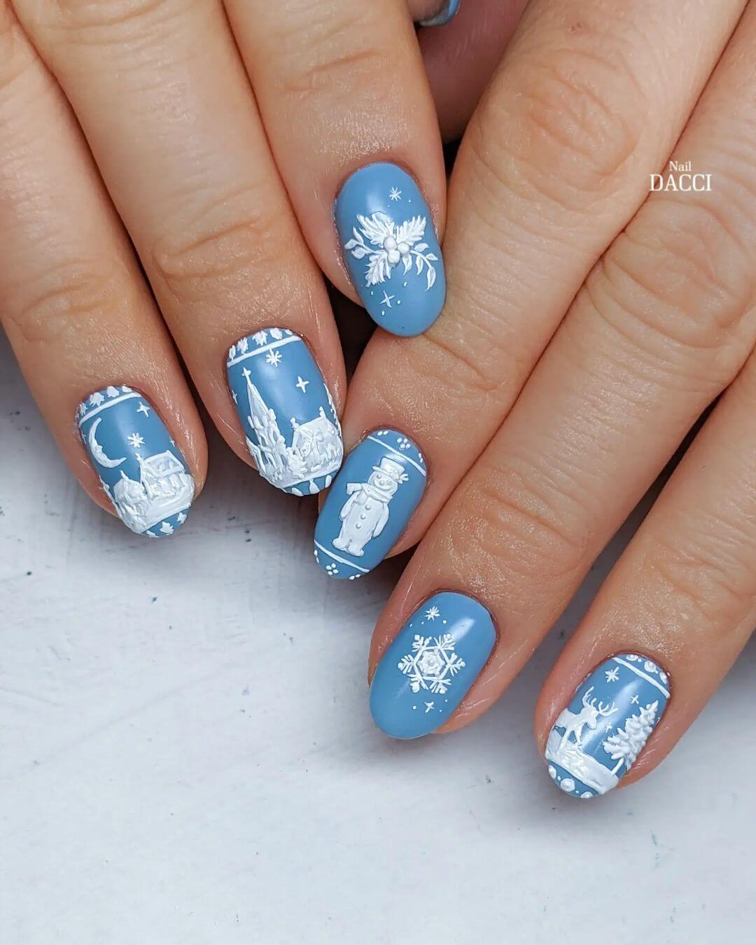 Short Oval Nails with 3D Winter Village Short Oval Nails with 3D Winter Village β Snowflake Nails