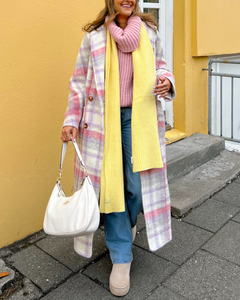 Pink And White Plaid Coat Styled With A Yellow Knit Scarf Pink And White Plaid Coat Styled With A Yellow Knit Scarf β Iceland Winter Outfits