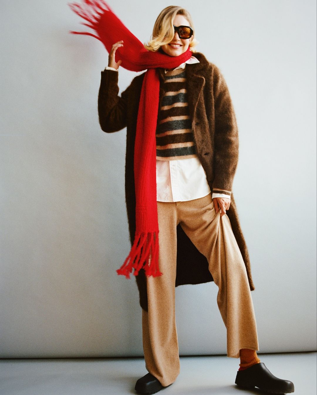 Brown Fuzzy Coat Over Striped Sweater — Brown Coat Outfits