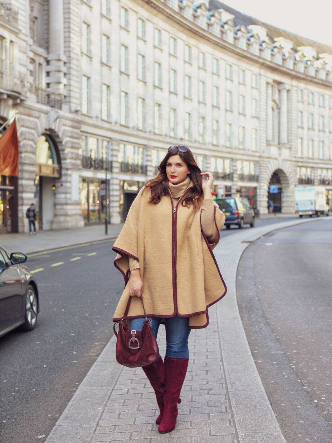 Beige Cape and Burgundy Accents: Chic Daytime Look — London Winter Outfits