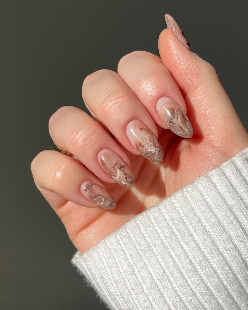 Natural Beige Marble on Medium Almond Nails — Winter Marble Nails