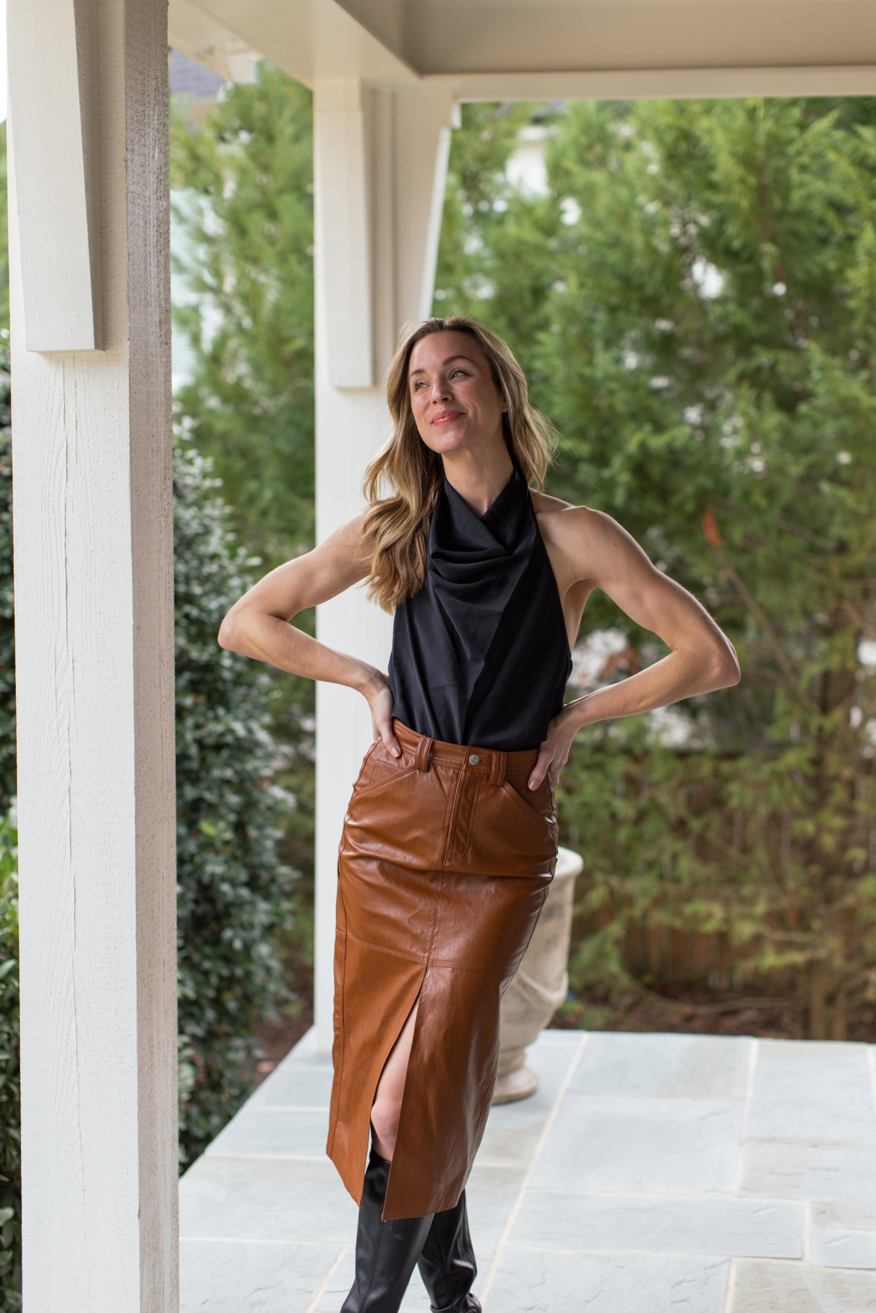 Brown Leather Pencil Skirt with Silk Halter Top and Knee-High Boots — Leather Skirt Outfits