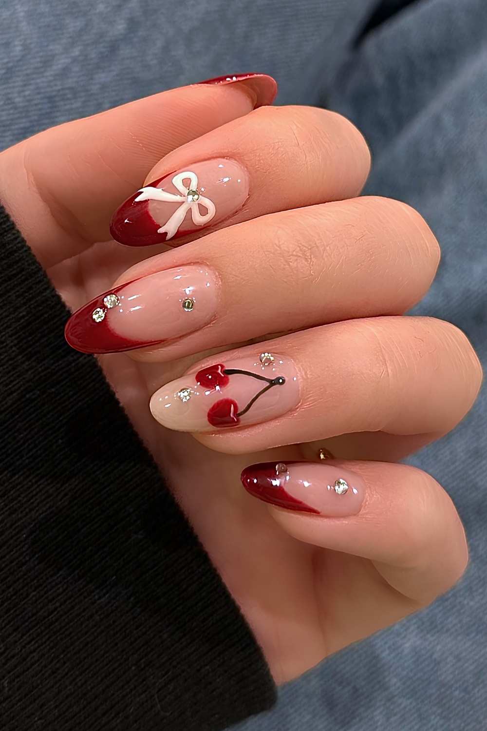 Deep Red French with 3D Bow and Cherries Deep Red French with 3D Bow and Cherries β Coquette Winter Nails