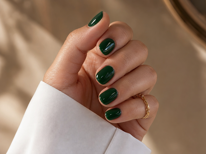 None Short Oval Deep Glossy Green — Dark Green Winter Nails