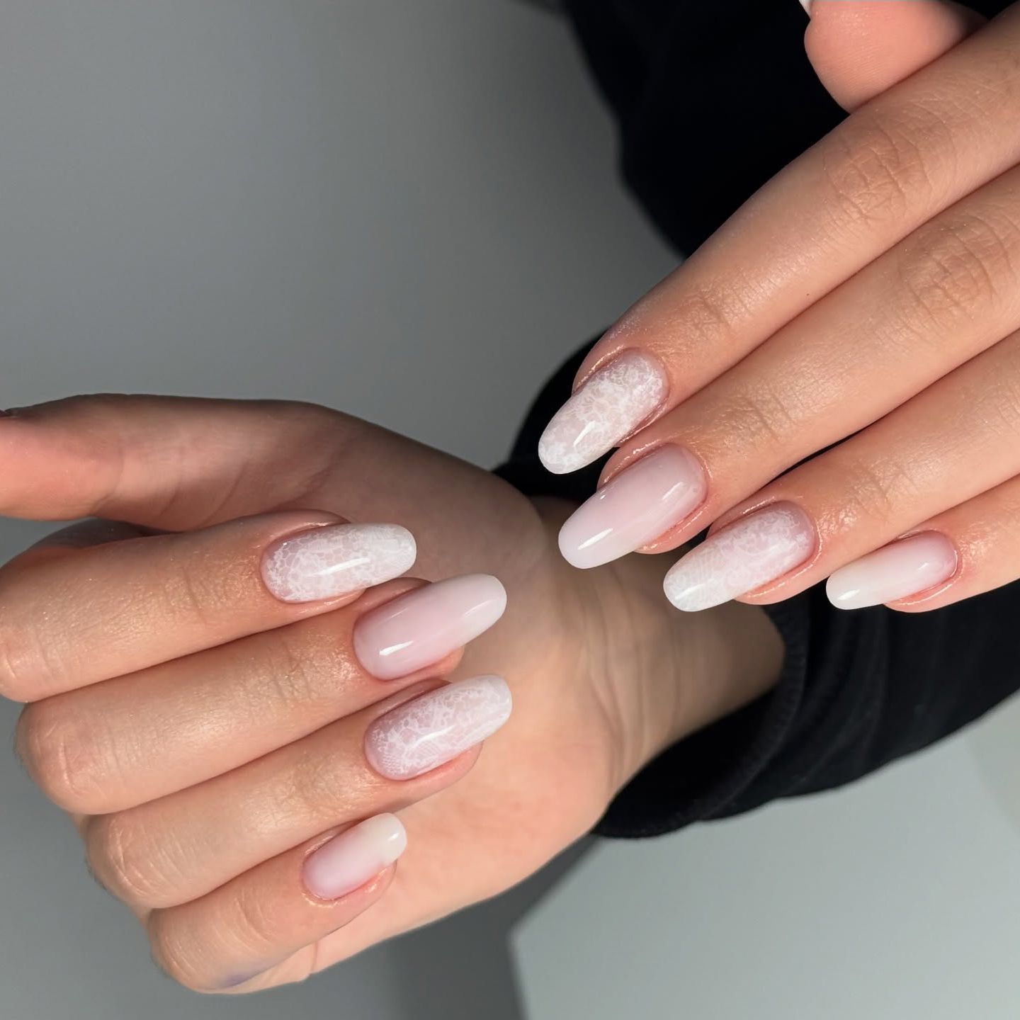 Sheer Nude with White Lace Accent Nails Sheer Nude with White Lace Accent Nails β Winter Work Nails