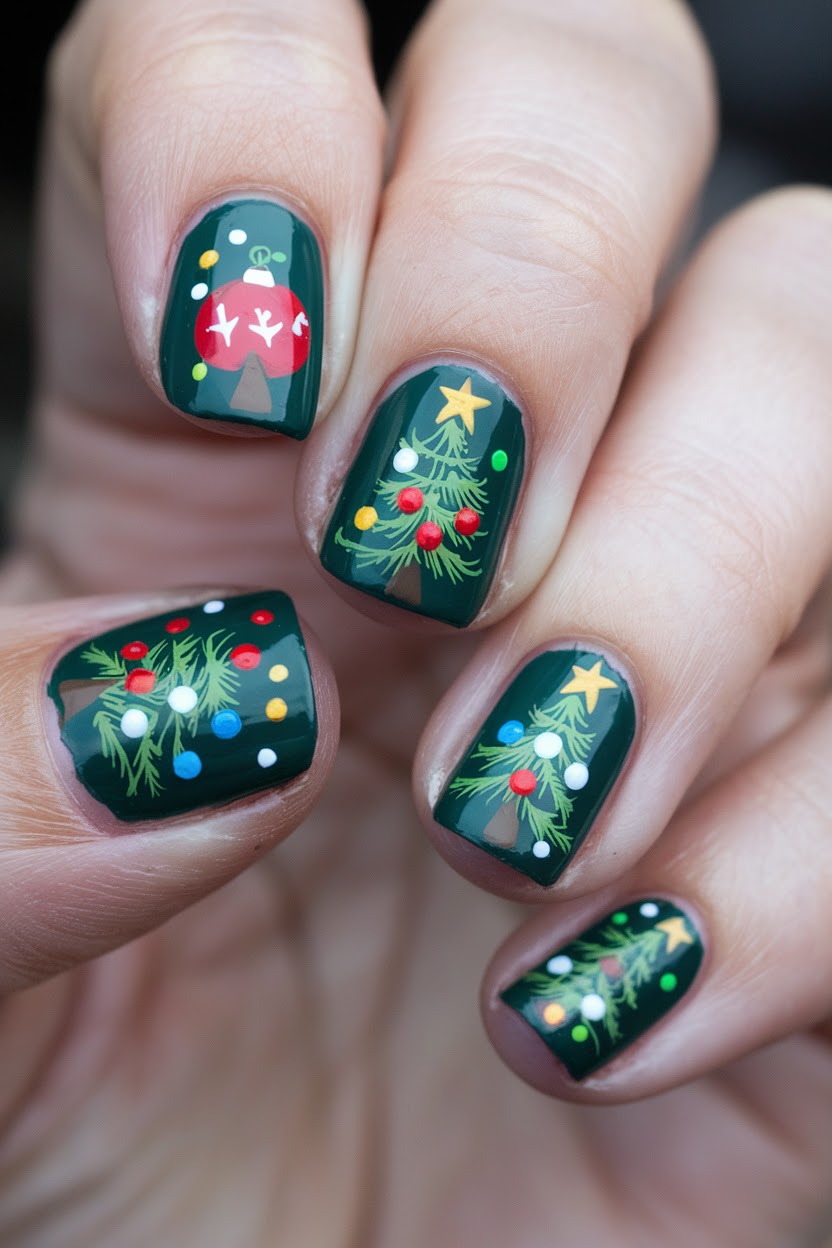 Deep Green Detailed Christmas Tree Nails Deep Green Detailed Christmas Tree Nails β Easy Christmas Nails 2026