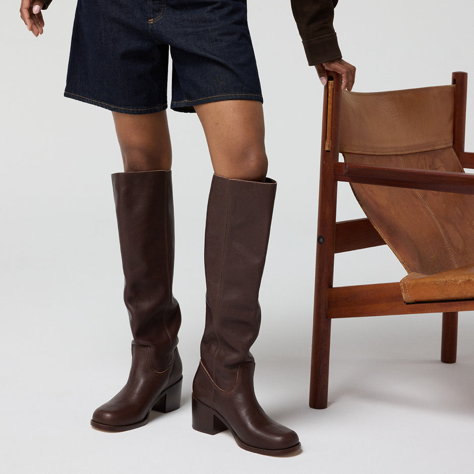 Textured Leather Boots with Denim Shorts and Brown Top — Knee High Boots Outfits