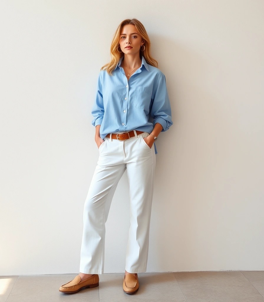Light Blue Shirt with White Trousers and Tan Loafers Light Blue Shirt with White Trousers and Tan Loafers β Winter Business Casual Outfits