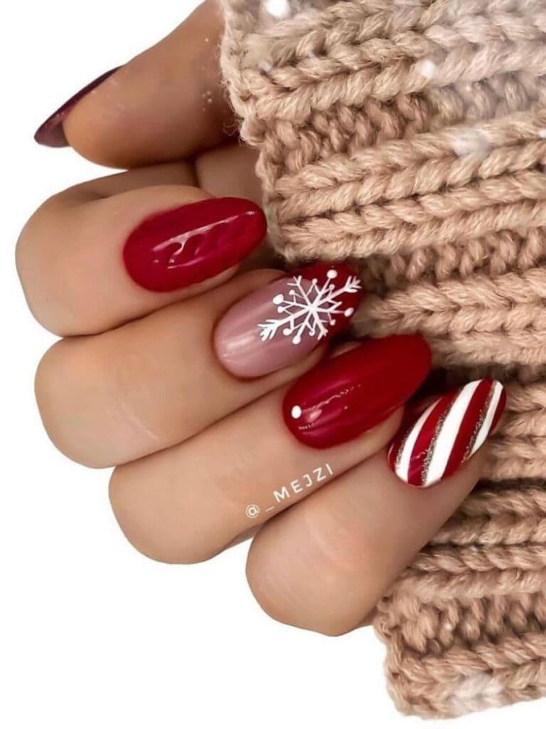 Stripes & Snowflake Red Oval Nails Stripes & Snowflake Red Oval Nails β Cherry Red Christmas Nails 2026
