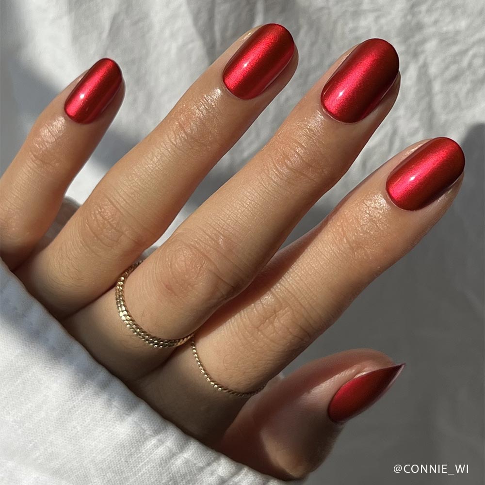 Metallic Shimmer Cherry Red Oval Nails — Cherry Red Nails