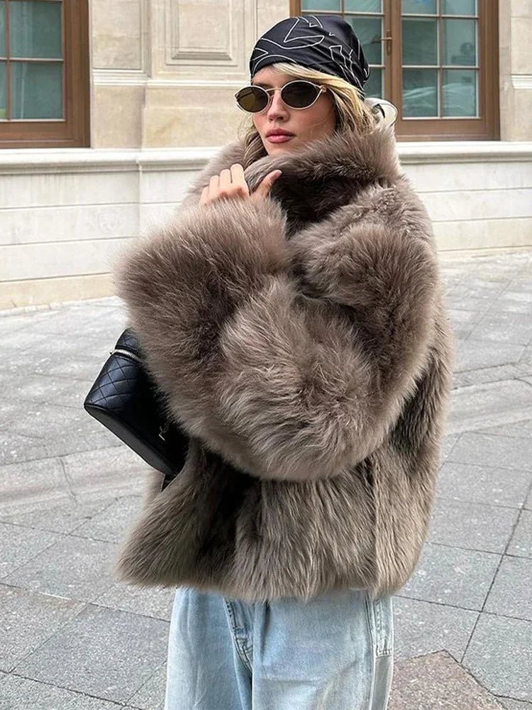 Voluminous Taupe Faux Fur Coat: Casual Layering — Faux Fur Coat Outfits