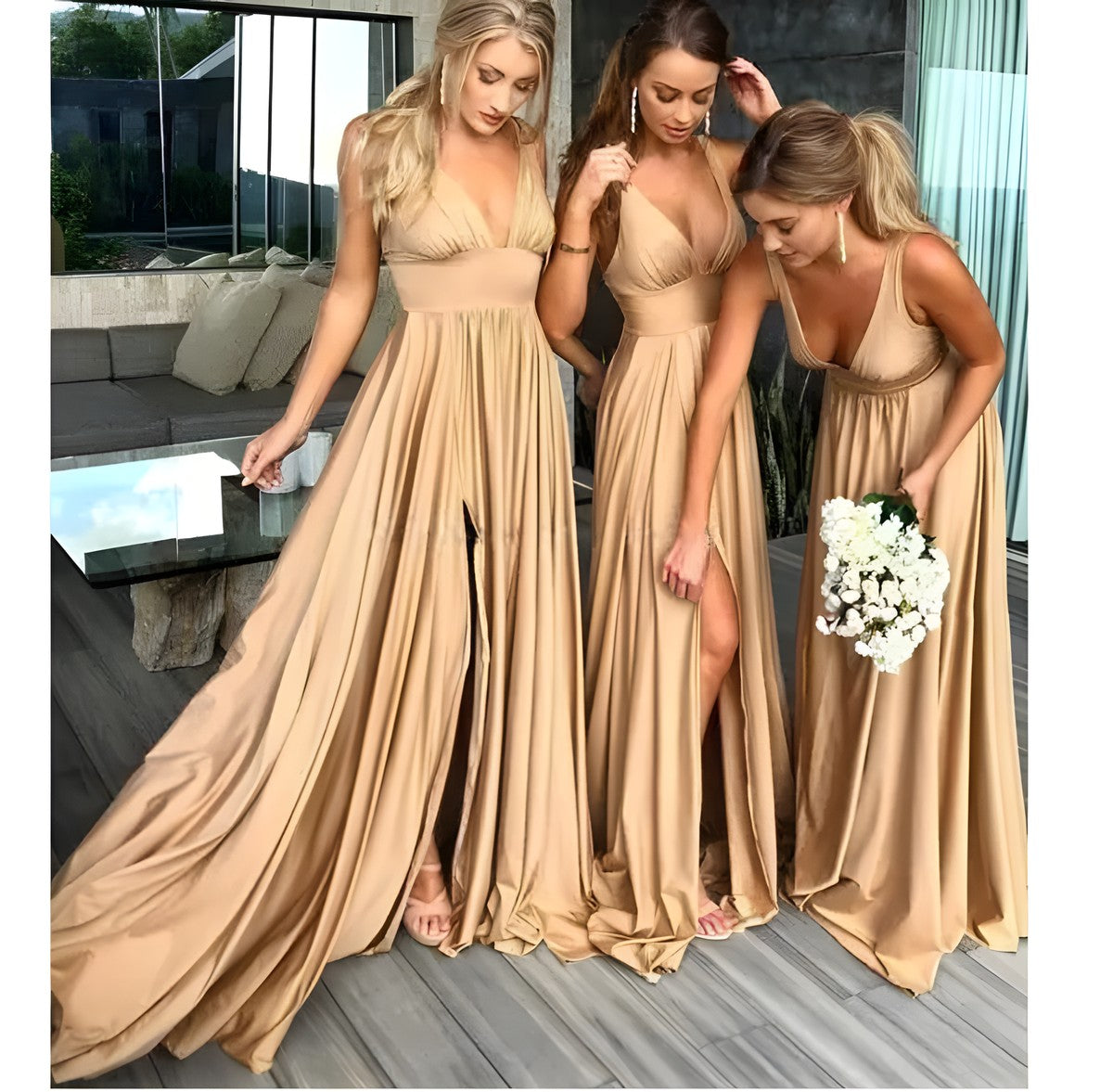 Champagne Satin Maxi Dress with High Slit — Boho Winter Outfits