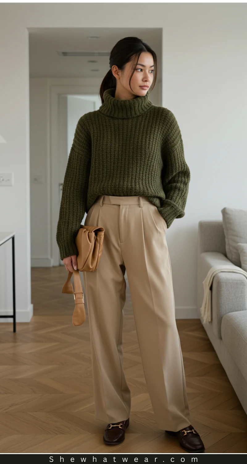 Olive Green Chunky Turtleneck with Beige Wide-Leg Pants Olive Green Chunky Turtleneck with Beige Wide-Leg Pants β Turtleneck Outfits