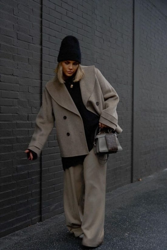 Oversized Grey Blazer with Black Sweater and Beige Pants — Neutral Winter Outfits