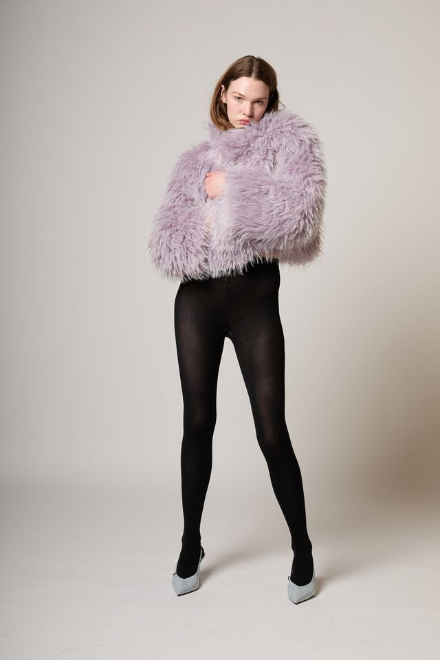 Faux Fur Jacket and Lavender Accents with Black Tights Faux Fur Jacket and Lavender Accents with Black Tights β Tights Outfits