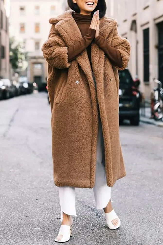 Long Brown Teddy Coat Paired With White Pants Long Brown Teddy Coat Paired With White Pants β Teddy Coat Outfits