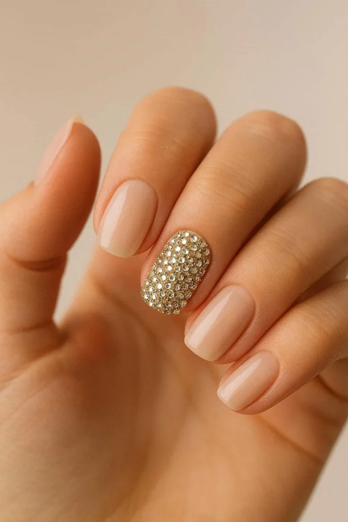 Gold Rhinestone Accent Short Square Nails Gold Rhinestone Accent Short Square Nails β NYE Nails 2027