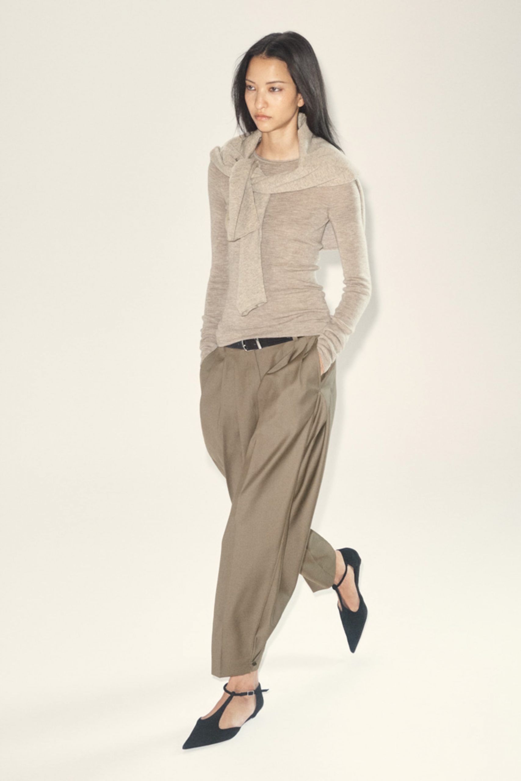 Taupe Wide-Leg Trousers with Draped Knit Sweater Taupe Wide-Leg Trousers with Draped Knit Sweater β Winter to Spring Transition Outfits