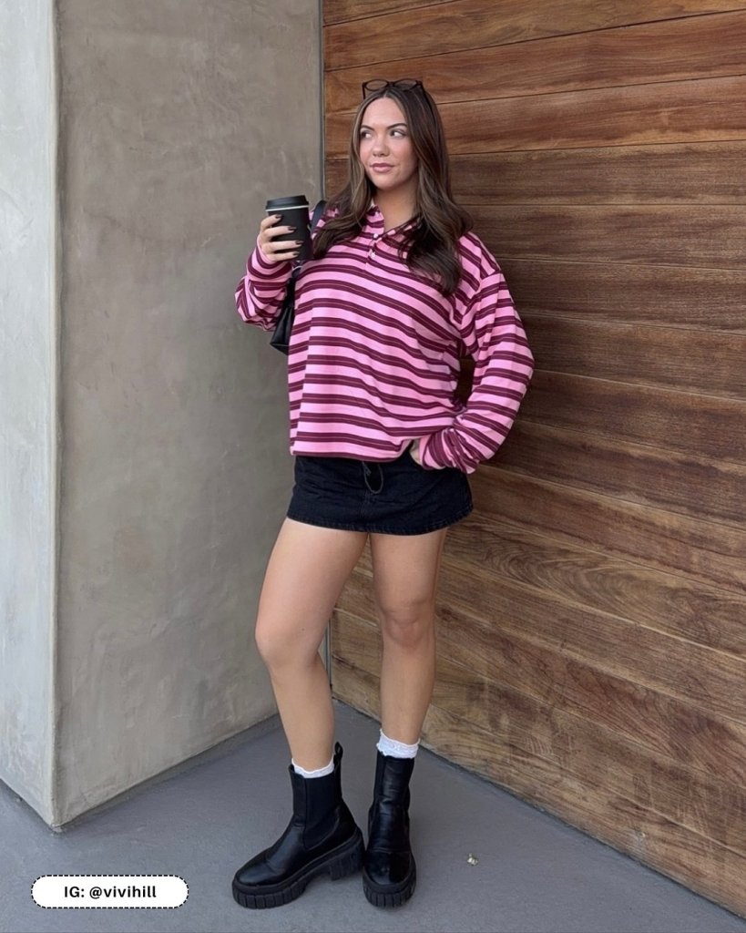 Playful Contrast: Oversized Polo, Mini Skirt, and Platform Boots Playful Contrast: Oversized Polo, Mini Skirt, and Platform Boots β Ankle Boots Outfits