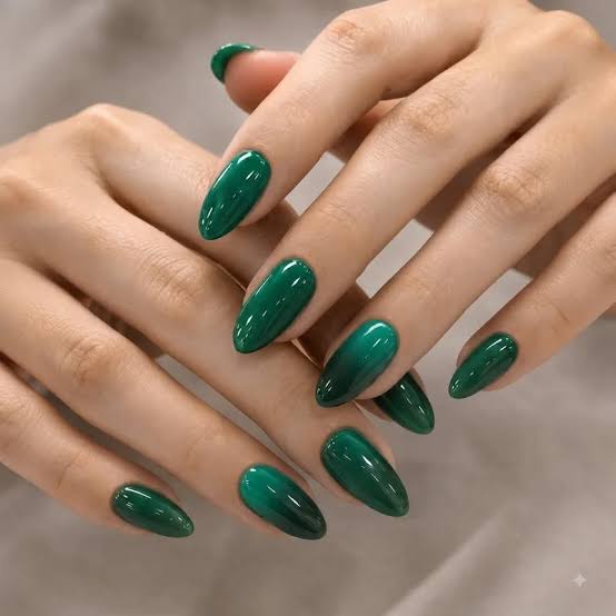 Deep Green Ombre Glossy Almond Nails — Green Christmas Nails 2026