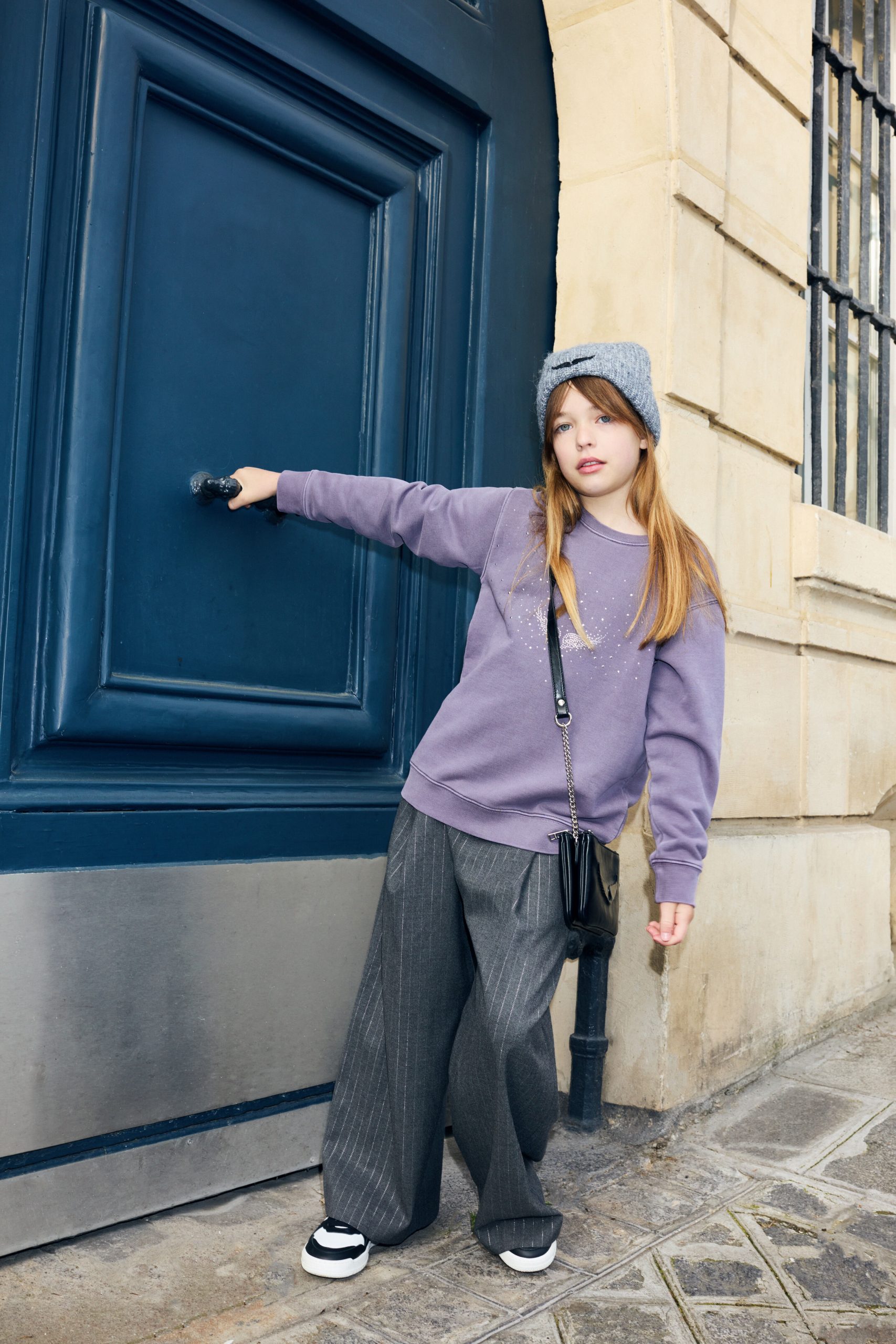 Oversized Purple Sweatshirt with Wide-Leg Pinstripe Pants Oversized Purple Sweatshirt with Wide-Leg Pinstripe Pants β Winter Outfits for Kids