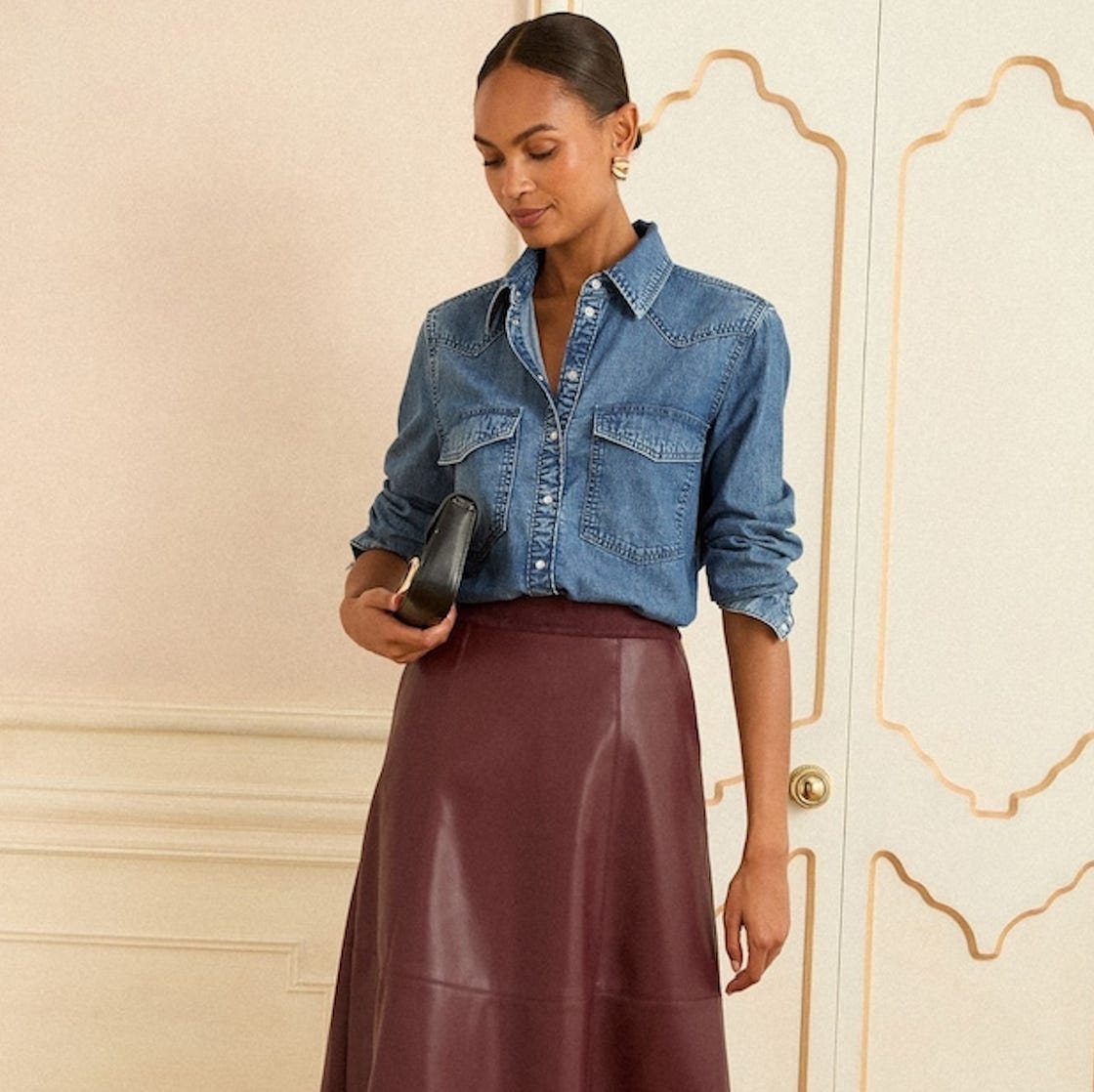 Burgundy Faux Leather Midi Skirt with Denim Button-Down Shirt — Leather Skirt Outfits