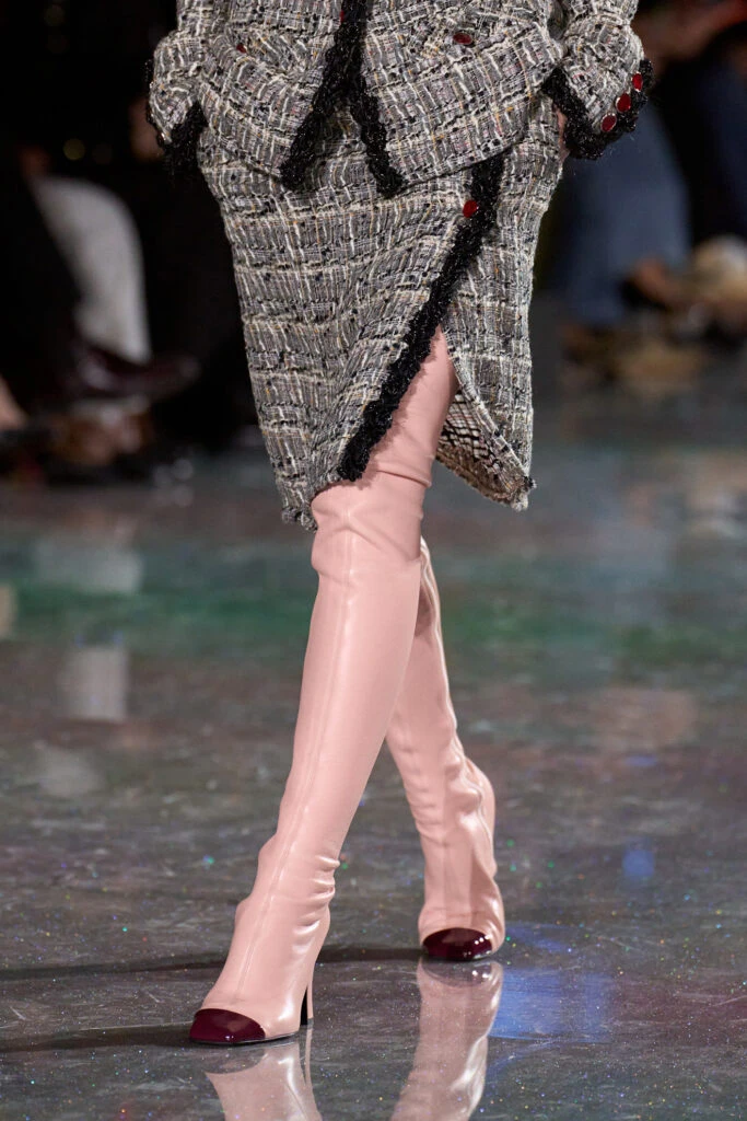 Fashion-Forward Pink Over-the-Knee Boots with Tweed Skirt — Winter Boots Outfits