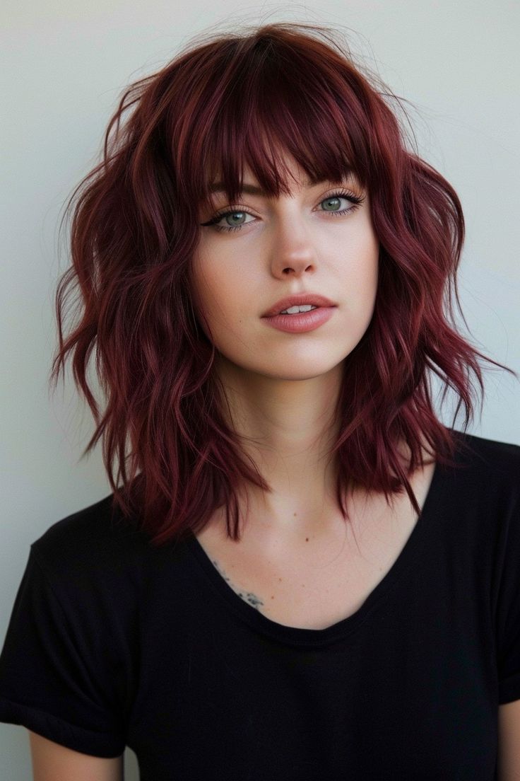Burgundy Shag With Full Bangs — Winter Haircuts for Oval Faces