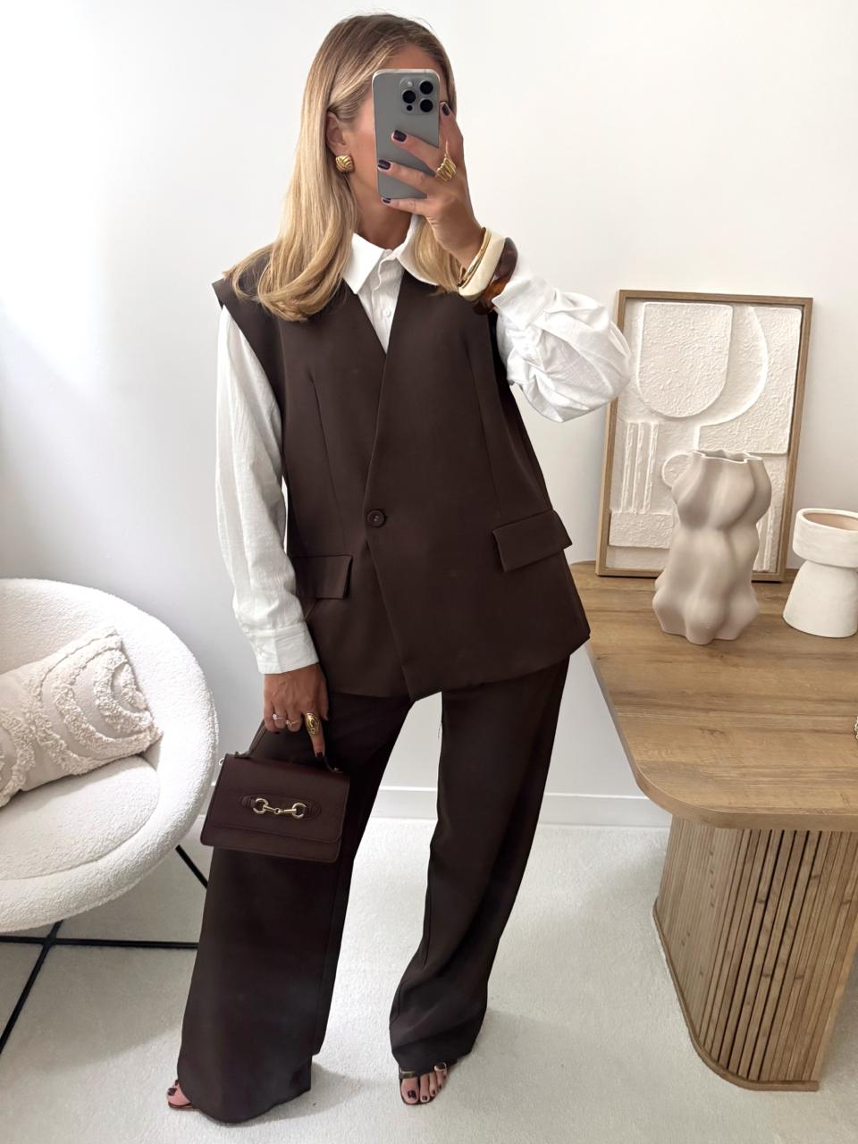White Shirt, Brown Vest, and Wide-Leg Trousers — Boho Winter Outfits