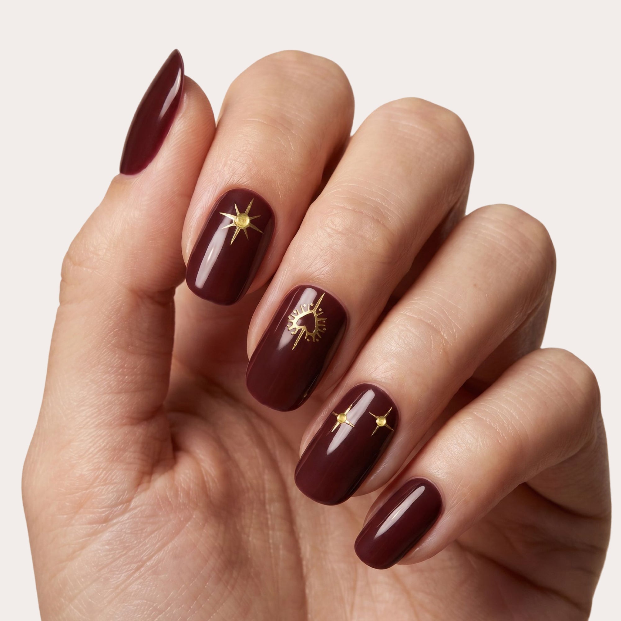 Muted Burgundy Glossy Square Nails with Gold Stars Muted Burgundy Glossy Square Nails with Gold Stars β Burgundy Nails