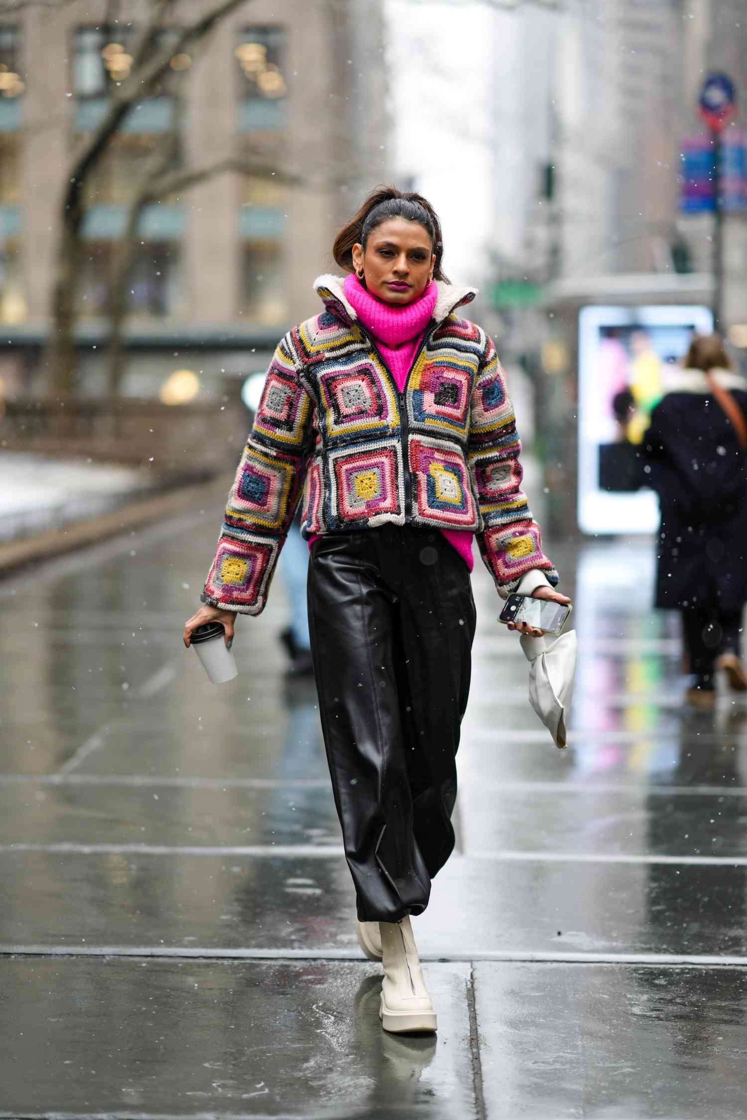 Vibrant Crochet Jacket and Faux Fur Collar — Winter School Outfits